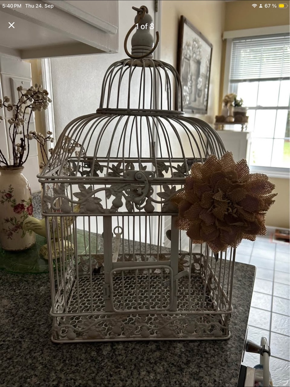 Decorative White Vintage-Style Birdcage with Burlap Flower 20” H
10.5 Wide